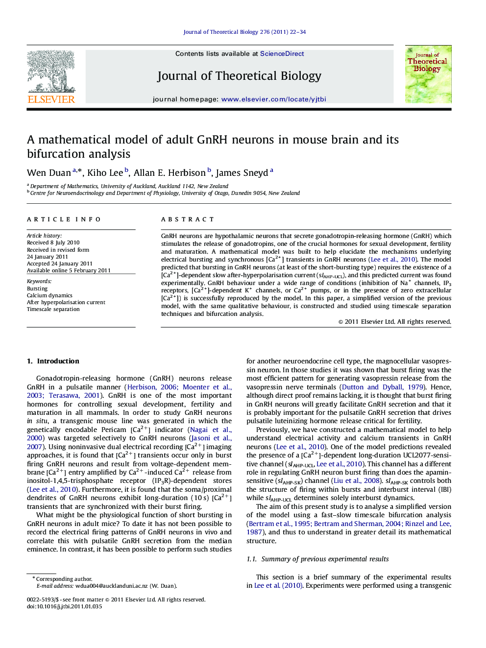 A mathematical model of adult GnRH neurons in mouse brain and its bifurcation analysis