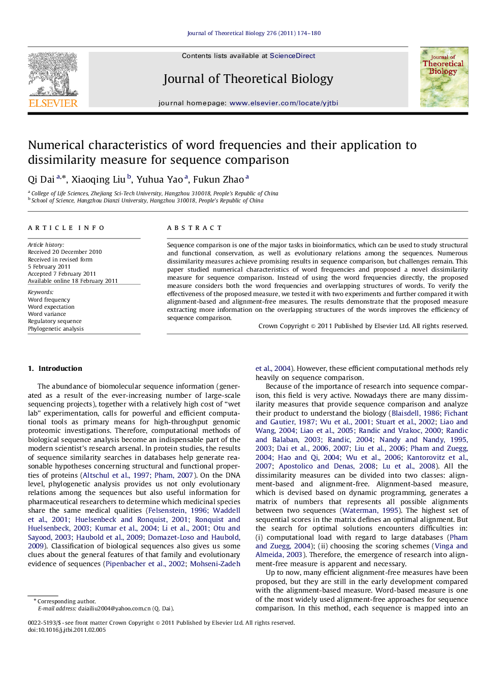 Numerical characteristics of word frequencies and their application to dissimilarity measure for sequence comparison