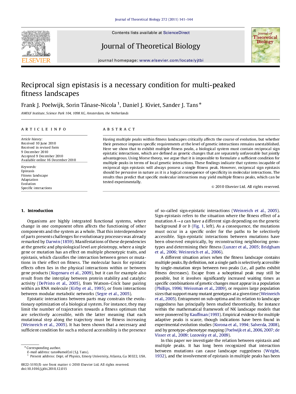 Reciprocal sign epistasis is a necessary condition for multi-peaked fitness landscapes