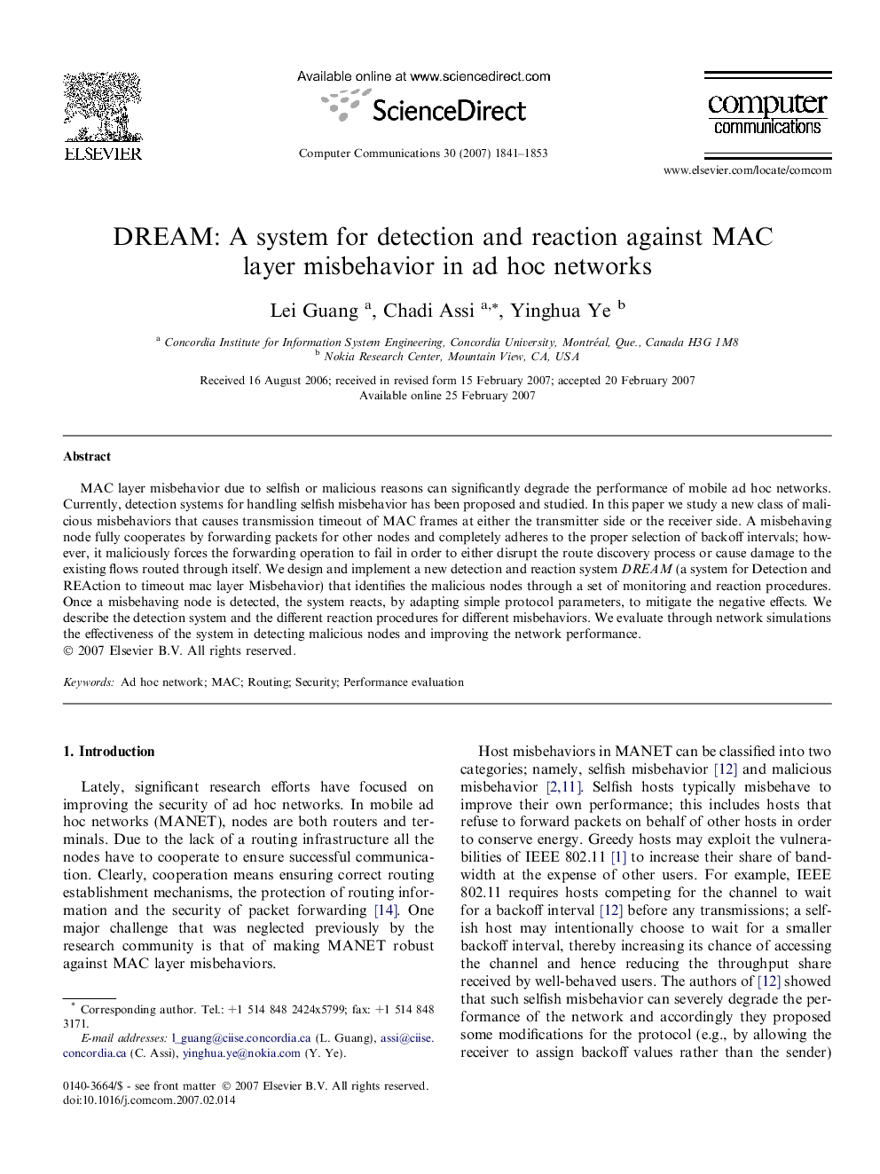 DREAM: A system for detection and reaction against MAC layer misbehavior in ad hoc networks