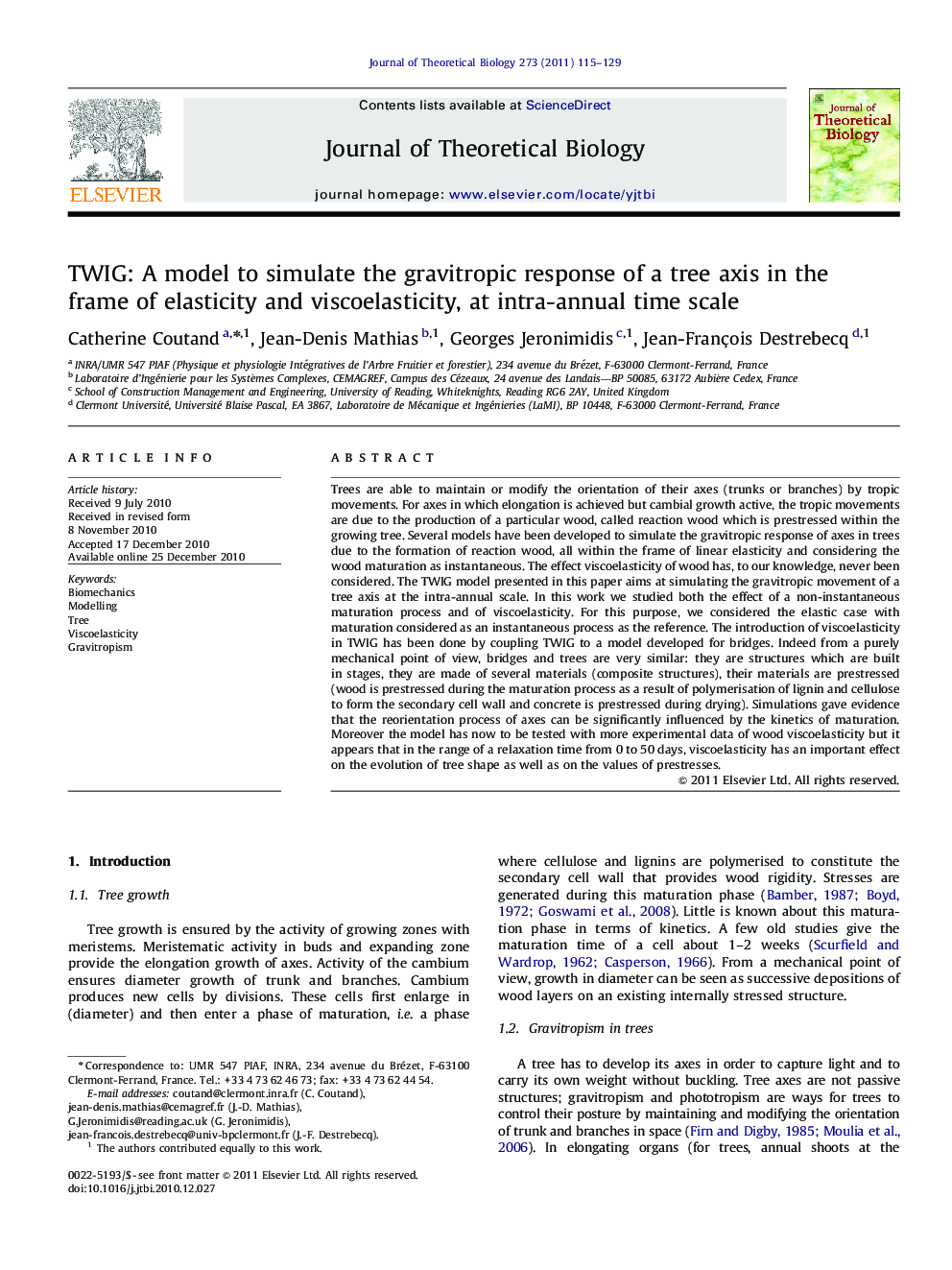 TWIG: A model to simulate the gravitropic response of a tree axis in the frame of elasticity and viscoelasticity, at intra-annual time scale