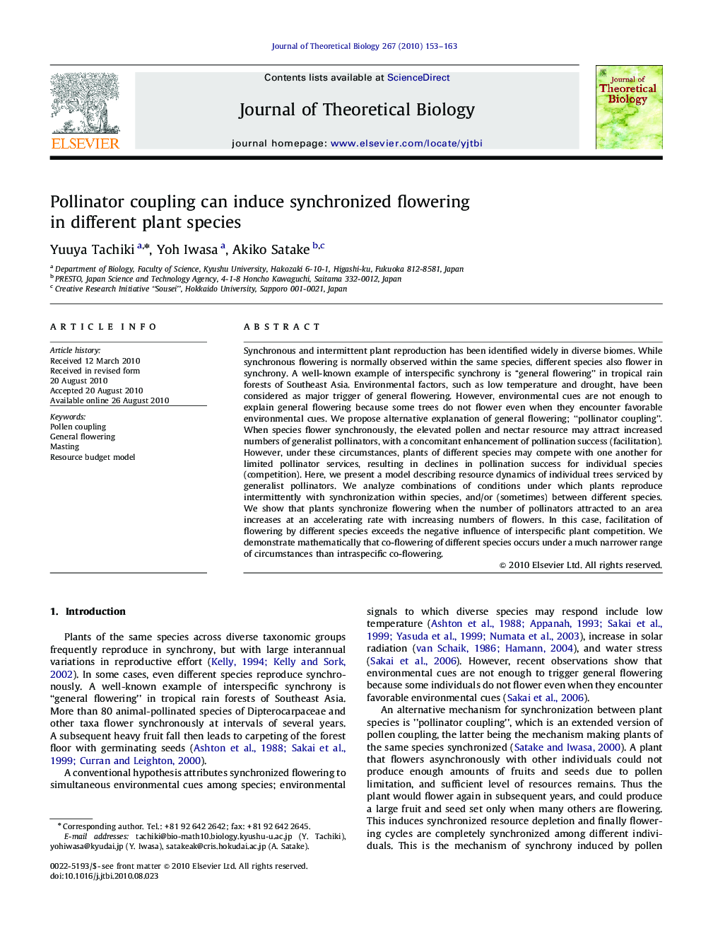 Pollinator coupling can induce synchronized flowering in different plant species