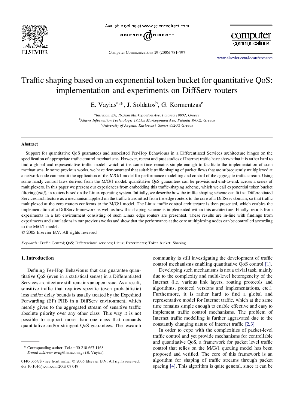 Traffic shaping based on an exponential token bucket for quantitative QoS: implementation and experiments on DiffServ routers