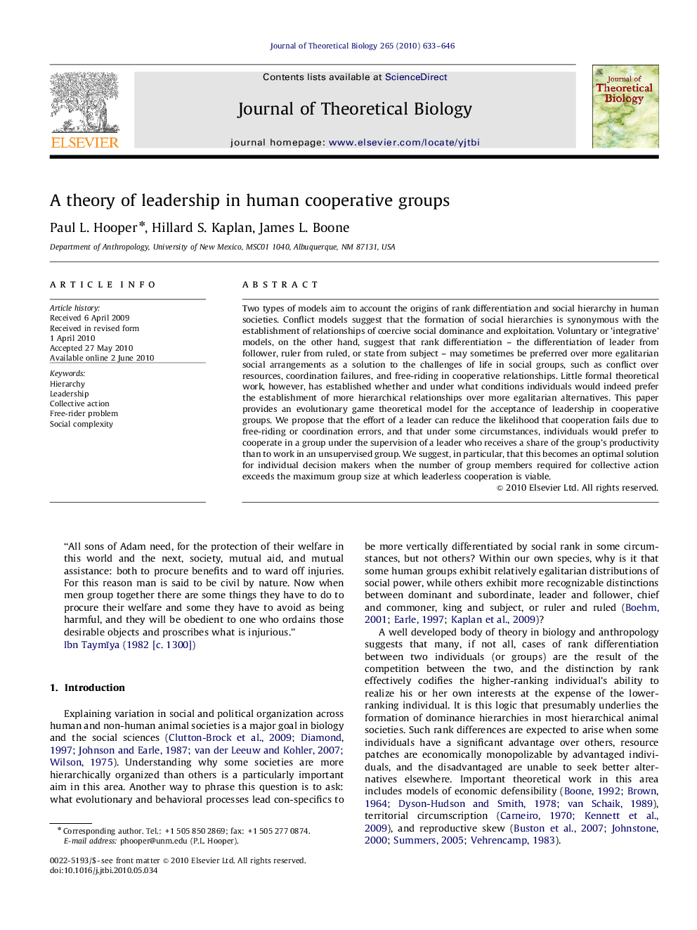 A theory of leadership in human cooperative groups