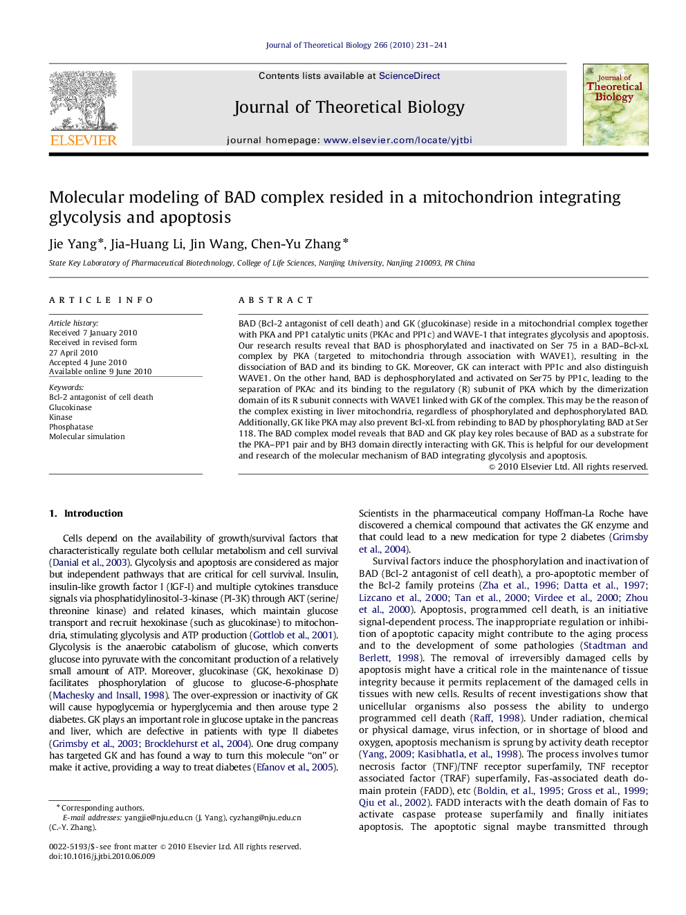 Molecular modeling of BAD complex resided in a mitochondrion integrating glycolysis and apoptosis