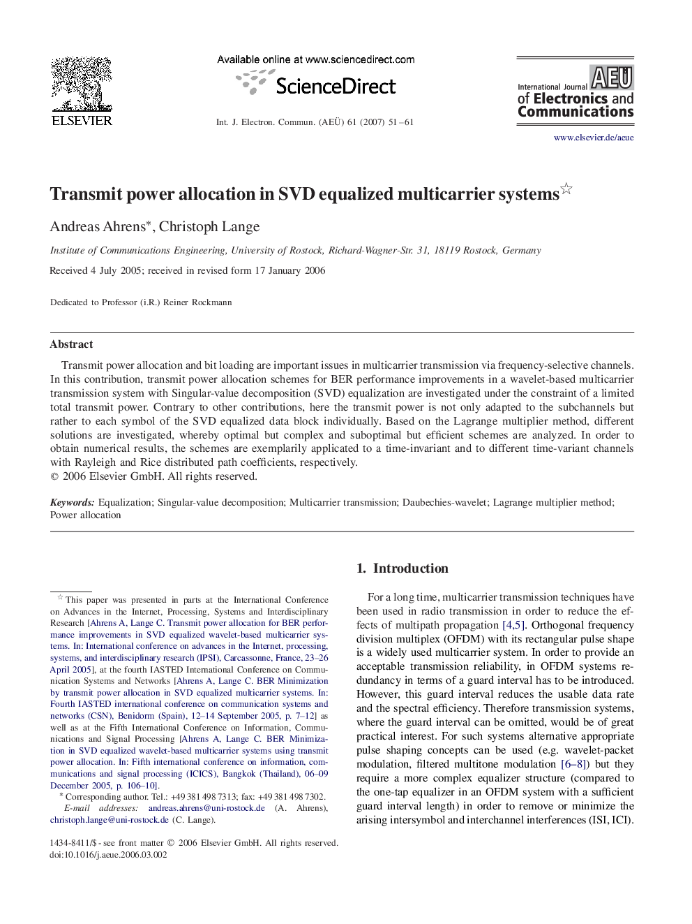 Transmit power allocation in SVD equalized multicarrier systems 