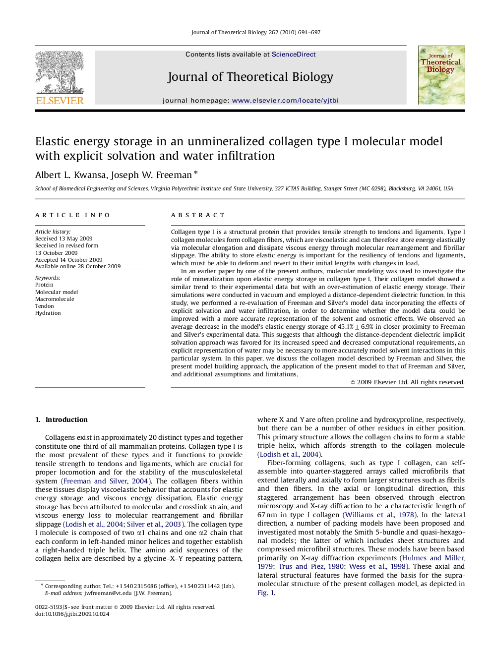 عکس صفحه اول مقاله: Elastic energy storage in an unmineralized collagen type I molecular model with explicit solvation and water infiltration Elastic energy storage in an unmineralized collagen type I molecular model with explicit solvation and water infiltration