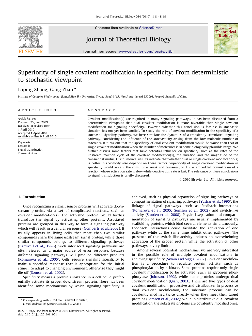 Superiority of single covalent modification in specificity: From deterministic to stochastic viewpoint