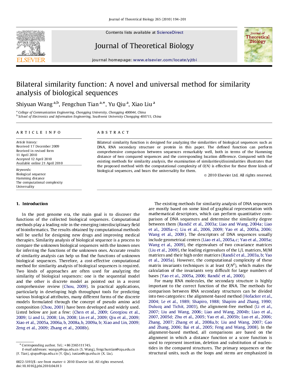 Bilateral similarity function: A novel and universal method for similarity analysis of biological sequences