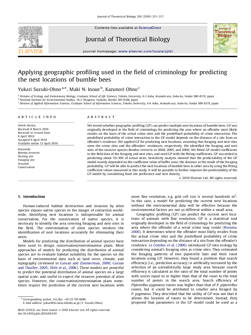 Applying geographic profiling used in the field of criminology for predicting the nest locations of bumble bees