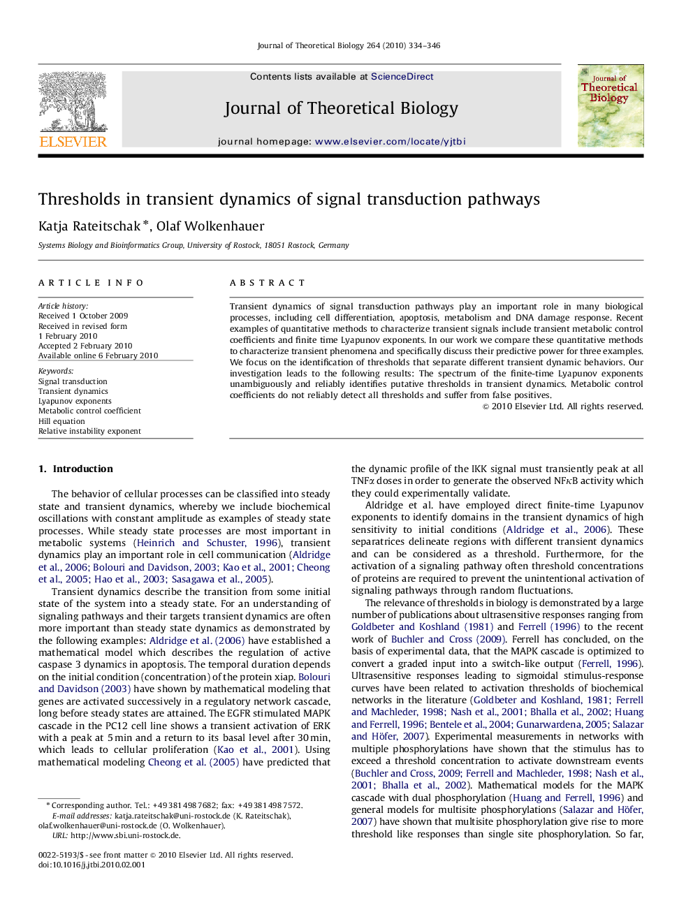 Thresholds in transient dynamics of signal transduction pathways