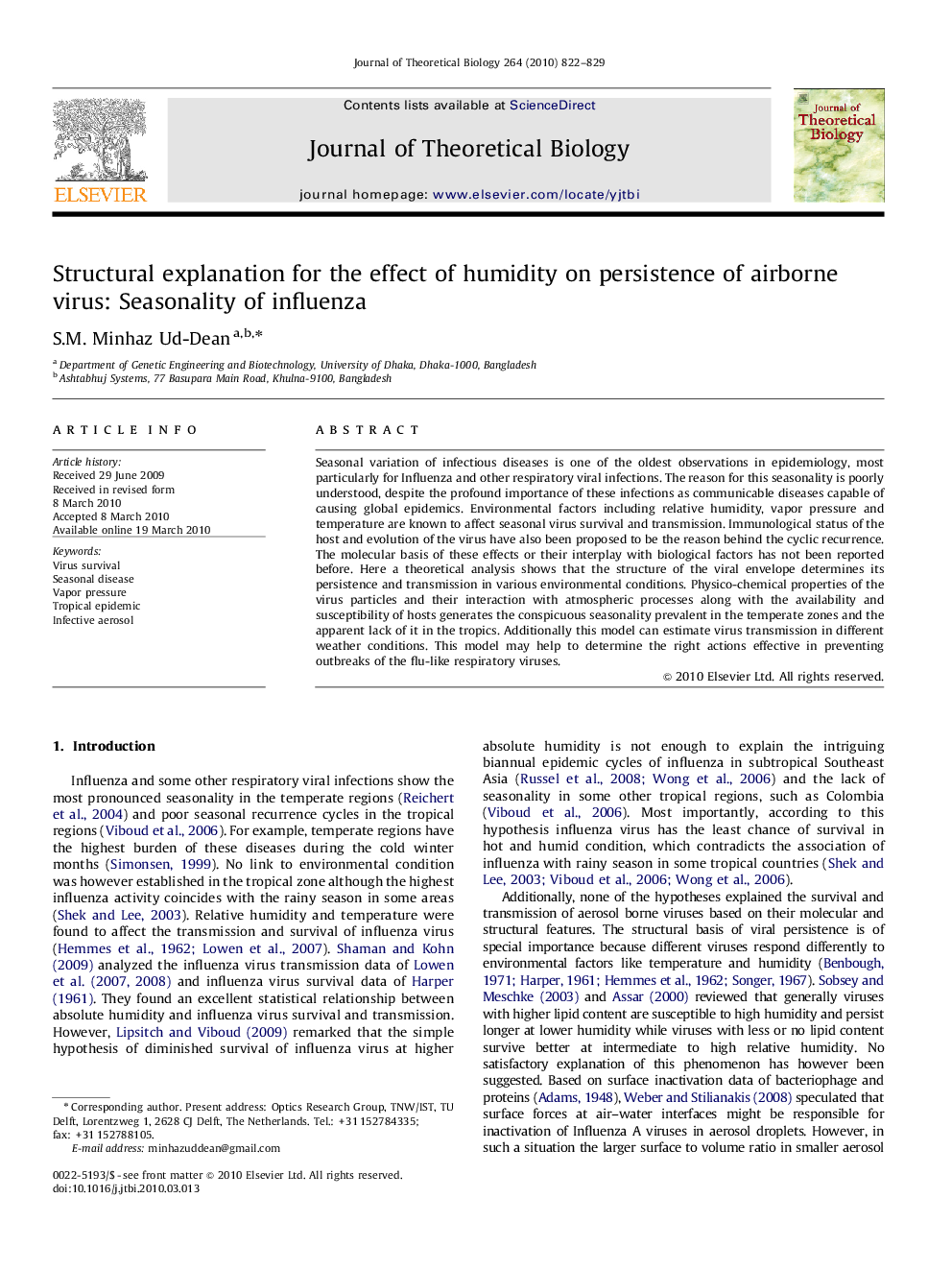 Structural explanation for the effect of humidity on persistence of airborne virus: Seasonality of influenza