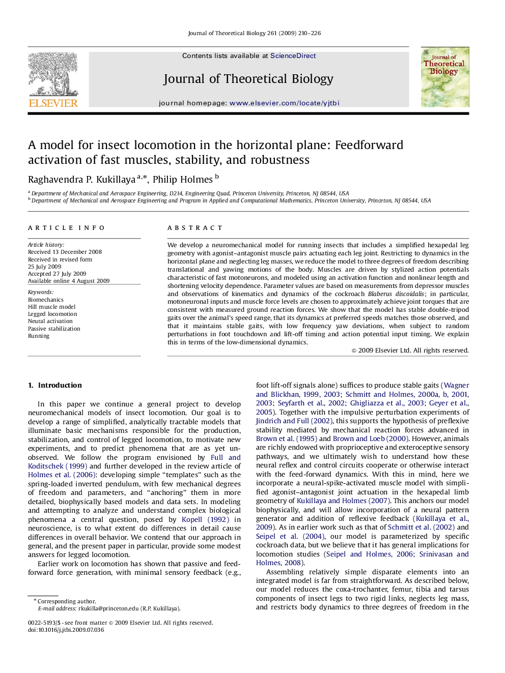 A model for insect locomotion in the horizontal plane: Feedforward activation of fast muscles, stability, and robustness