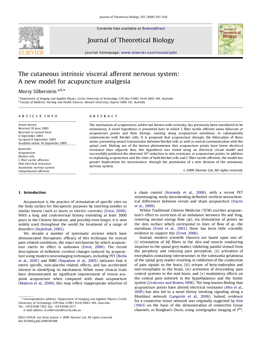 The cutaneous intrinsic visceral afferent nervous system: A new model for acupuncture analgesia