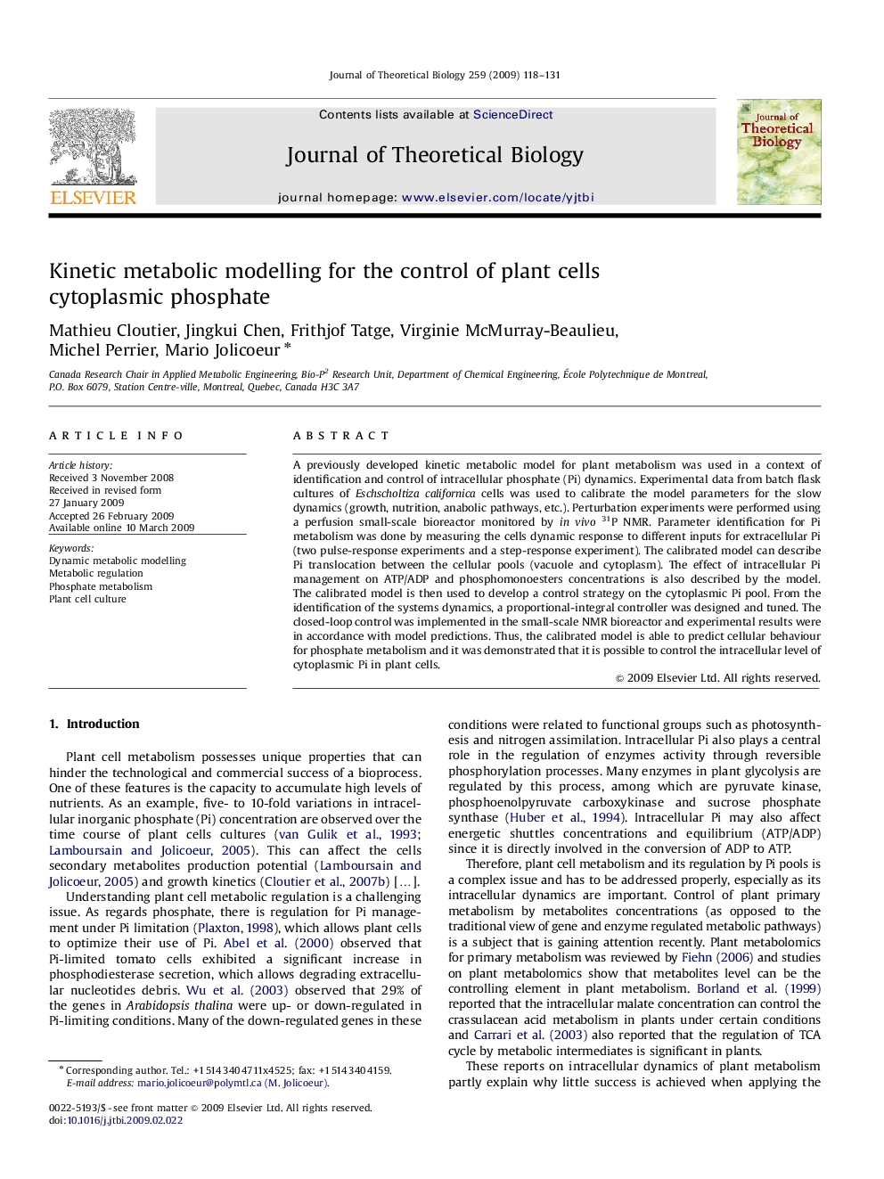 Kinetic metabolic modelling for the control of plant cells cytoplasmic phosphate