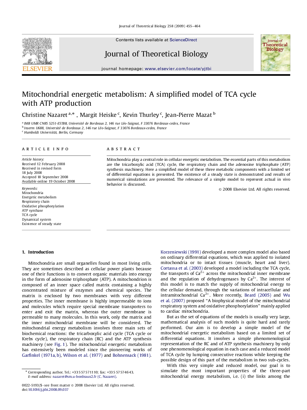 Mitochondrial energetic metabolism: A simplified model of TCA cycle with ATP production