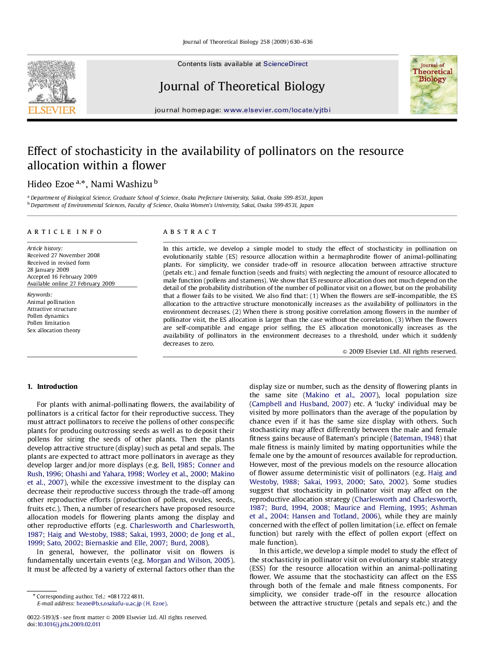 Effect of stochasticity in the availability of pollinators on the resource allocation within a flower