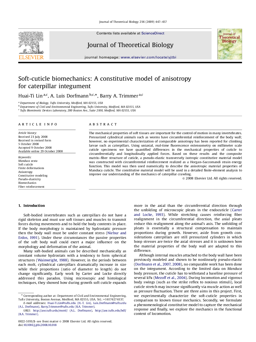 Soft-cuticle biomechanics: A constitutive model of anisotropy for caterpillar integument