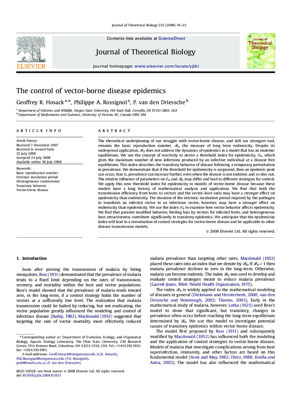 The control of vector-borne disease epidemics