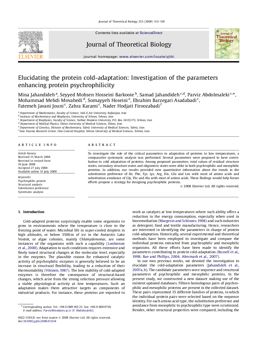 Elucidating the protein cold-adaptation: Investigation of the parameters enhancing protein psychrophilicity