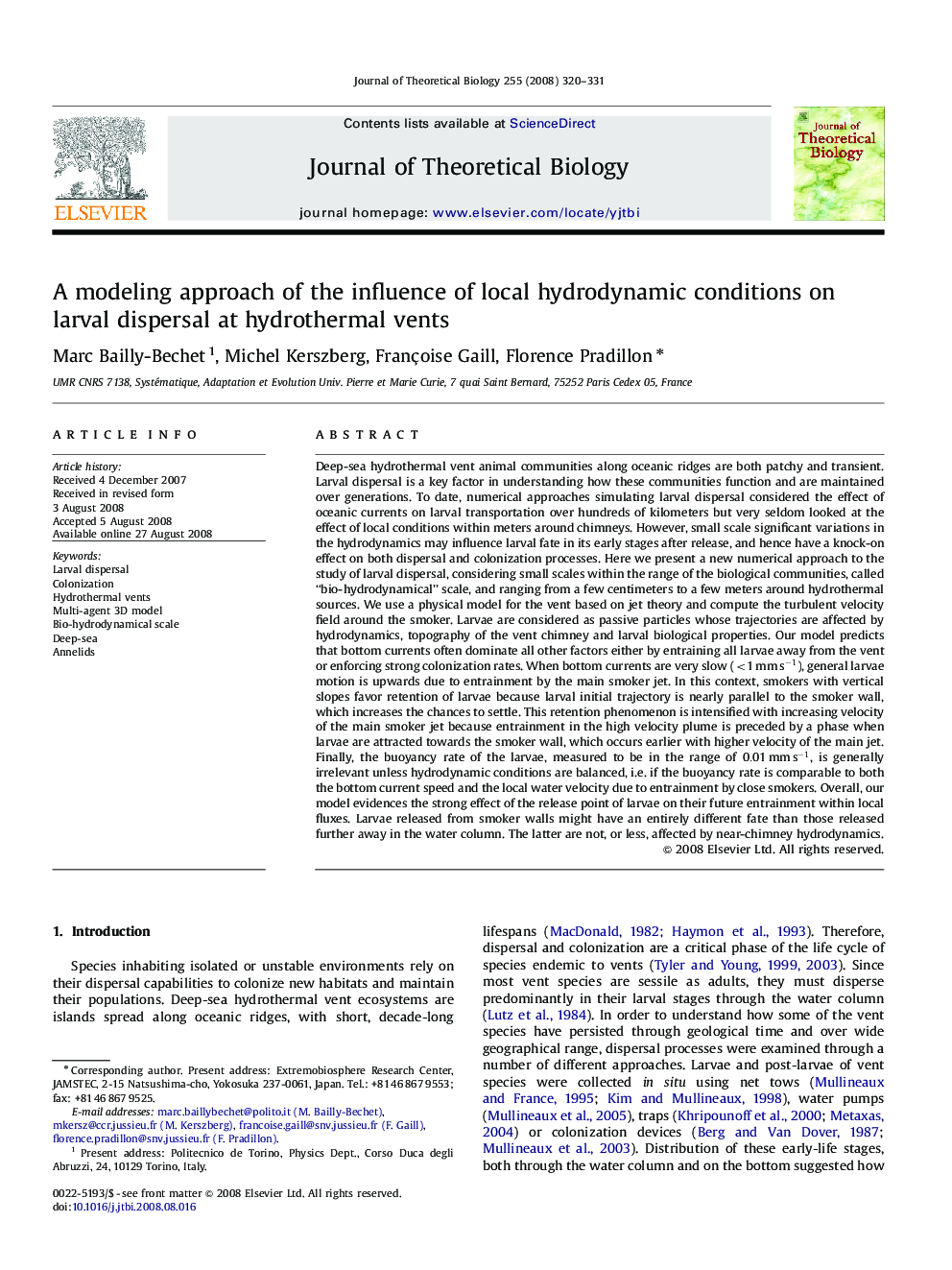 A modeling approach of the influence of local hydrodynamic conditions on larval dispersal at hydrothermal vents