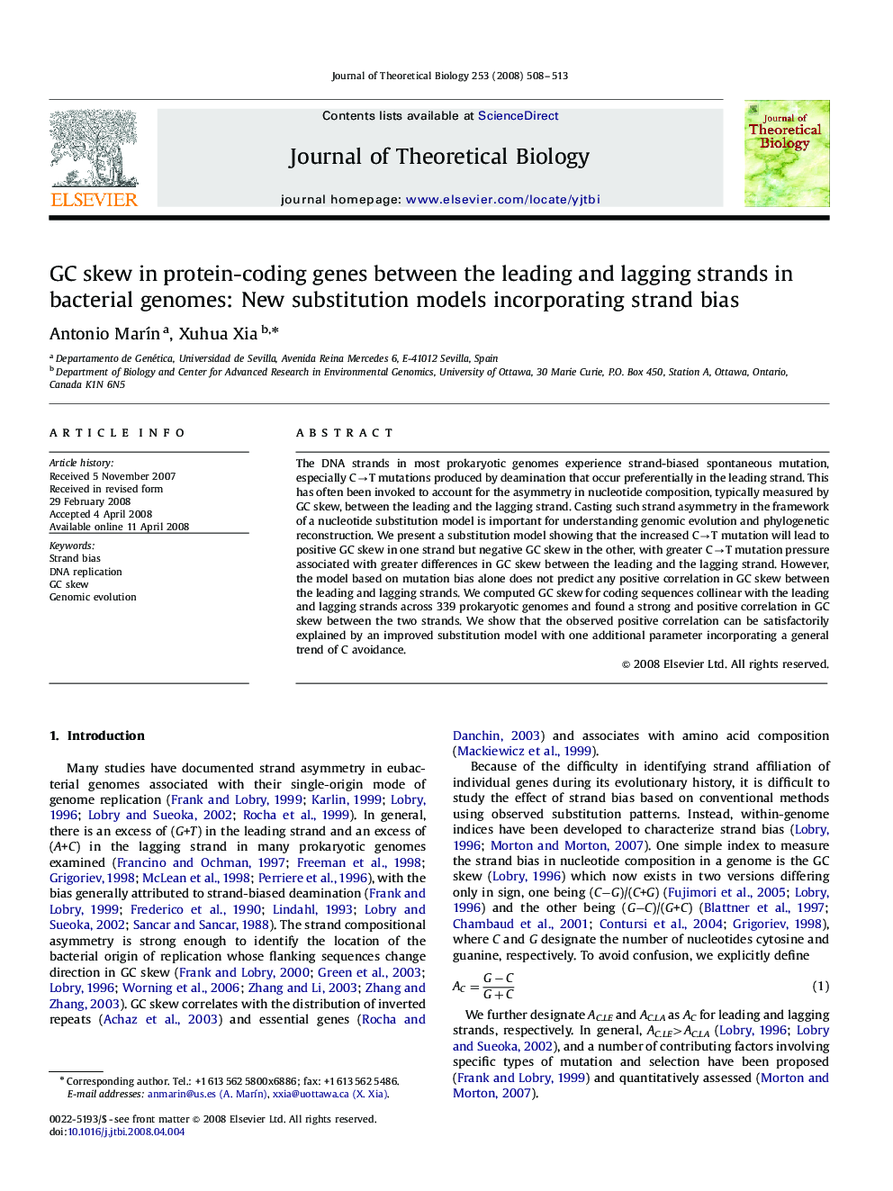 GC skew in protein-coding genes between the leading and lagging strands in bacterial genomes: New substitution models incorporating strand bias