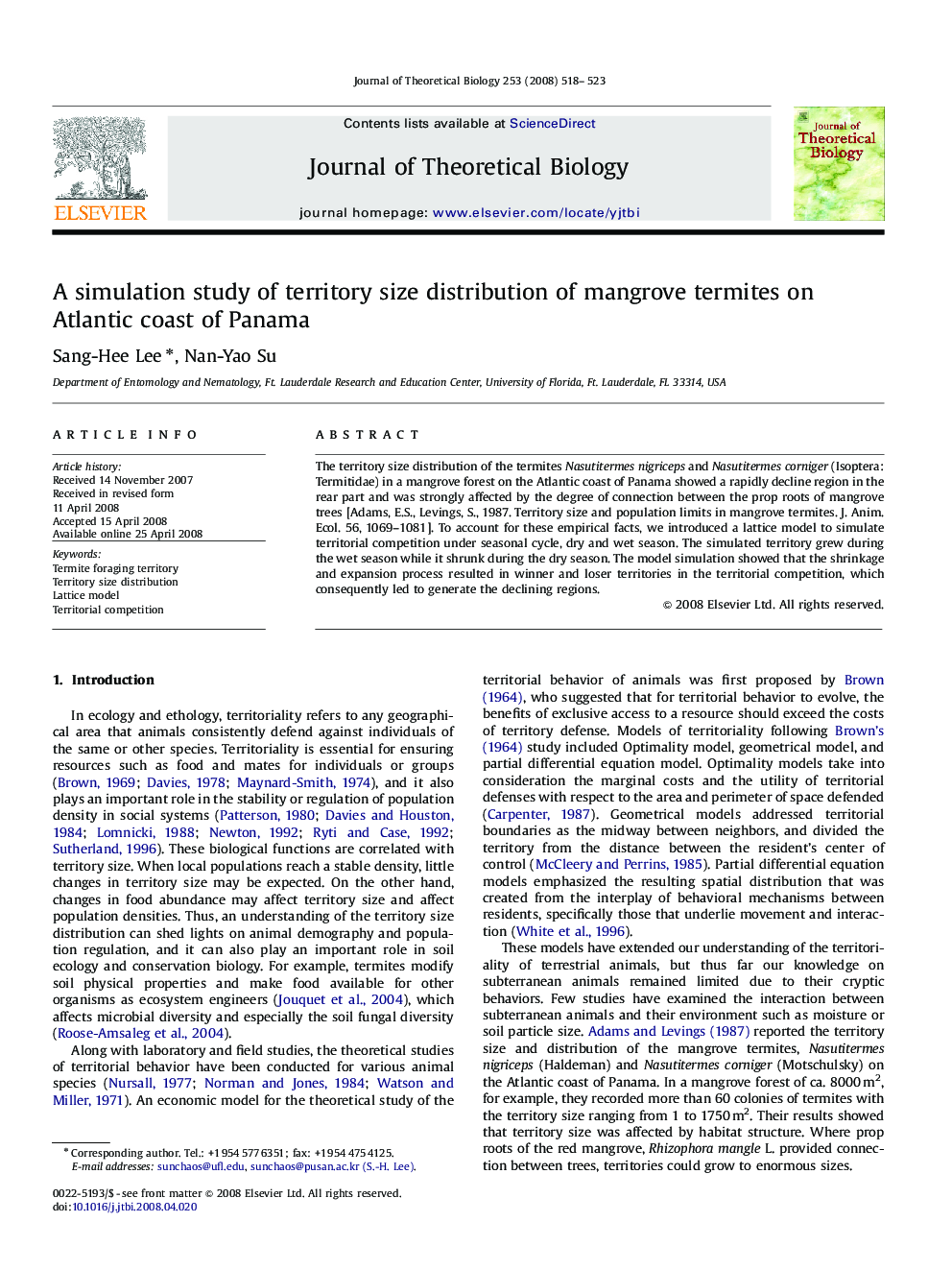 A simulation study of territory size distribution of mangrove termites on Atlantic coast of Panama