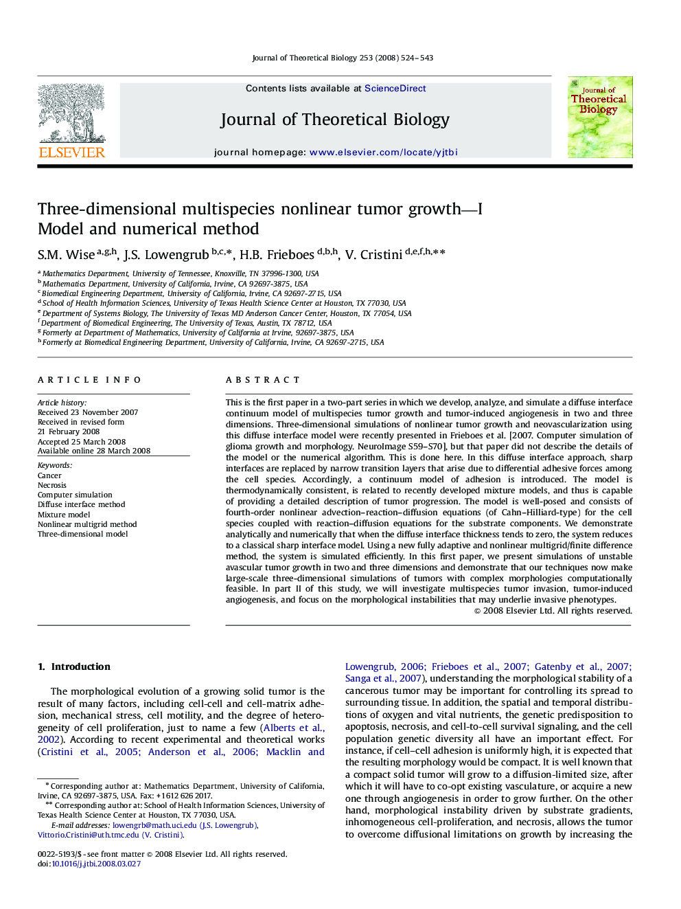 Three-dimensional multispecies nonlinear tumor growth—I: Model and numerical method