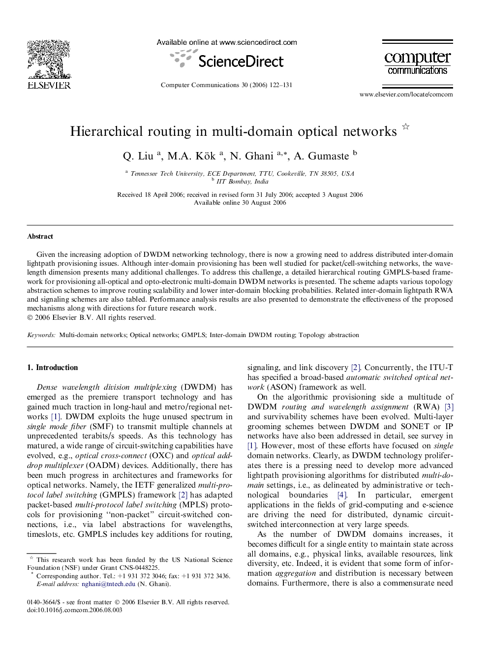 Hierarchical routing in multi-domain optical networks 