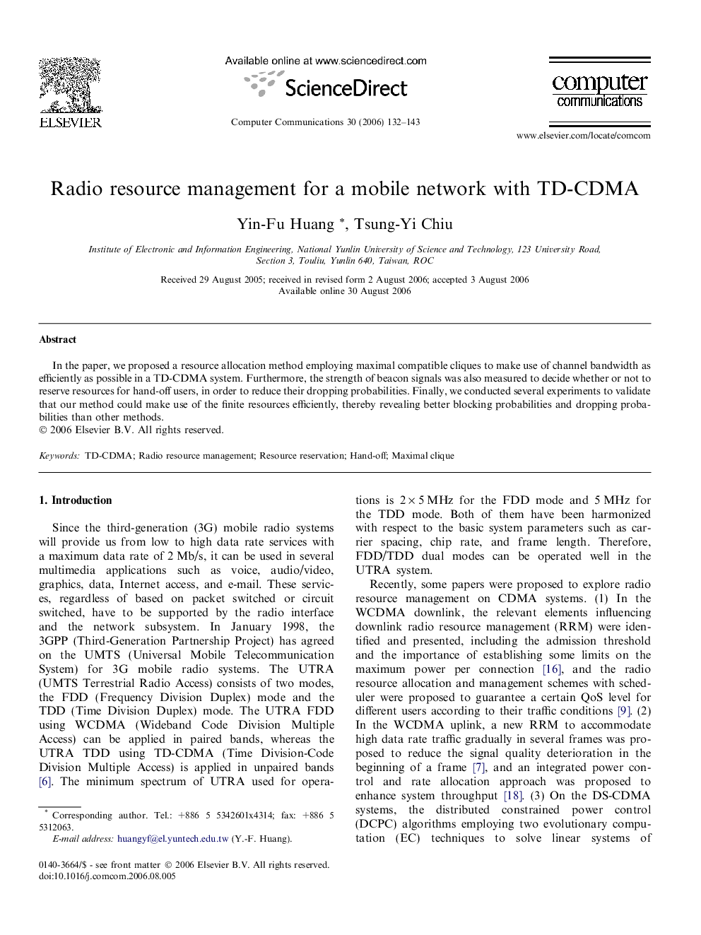 Radio resource management for a mobile network with TD-CDMA