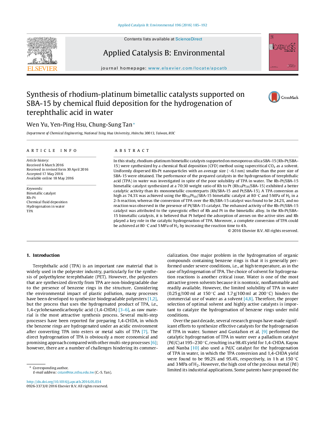 Synthesis of rhodium-platinum bimetallic catalysts supported on SBA-15 by chemical fluid deposition for the hydrogenation of terephthalic acid in water