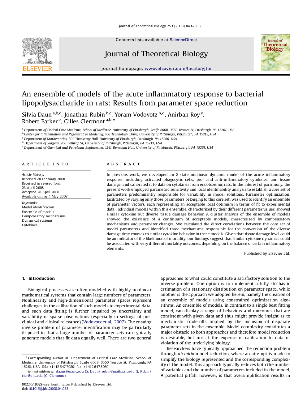 An ensemble of models of the acute inflammatory response to bacterial lipopolysaccharide in rats: Results from parameter space reduction