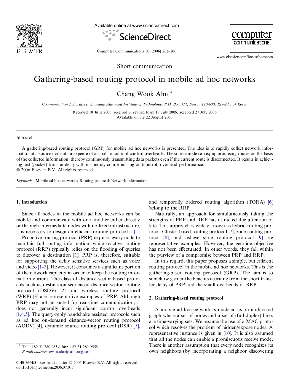 Gathering-based routing protocol in mobile ad hoc networks