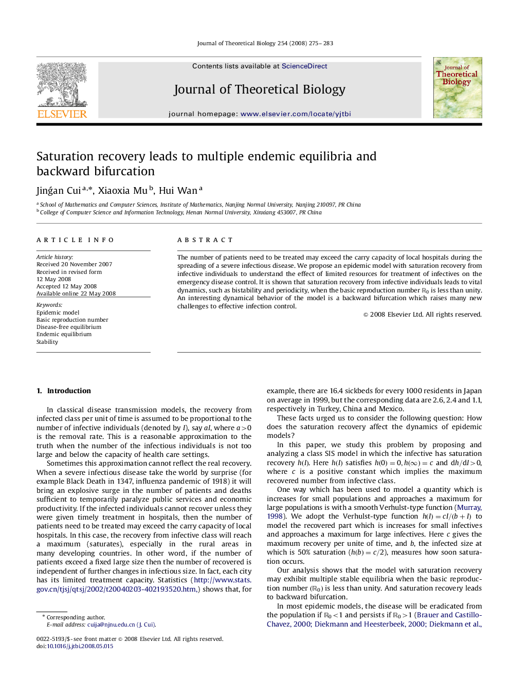 Saturation recovery leads to multiple endemic equilibria and backward bifurcation