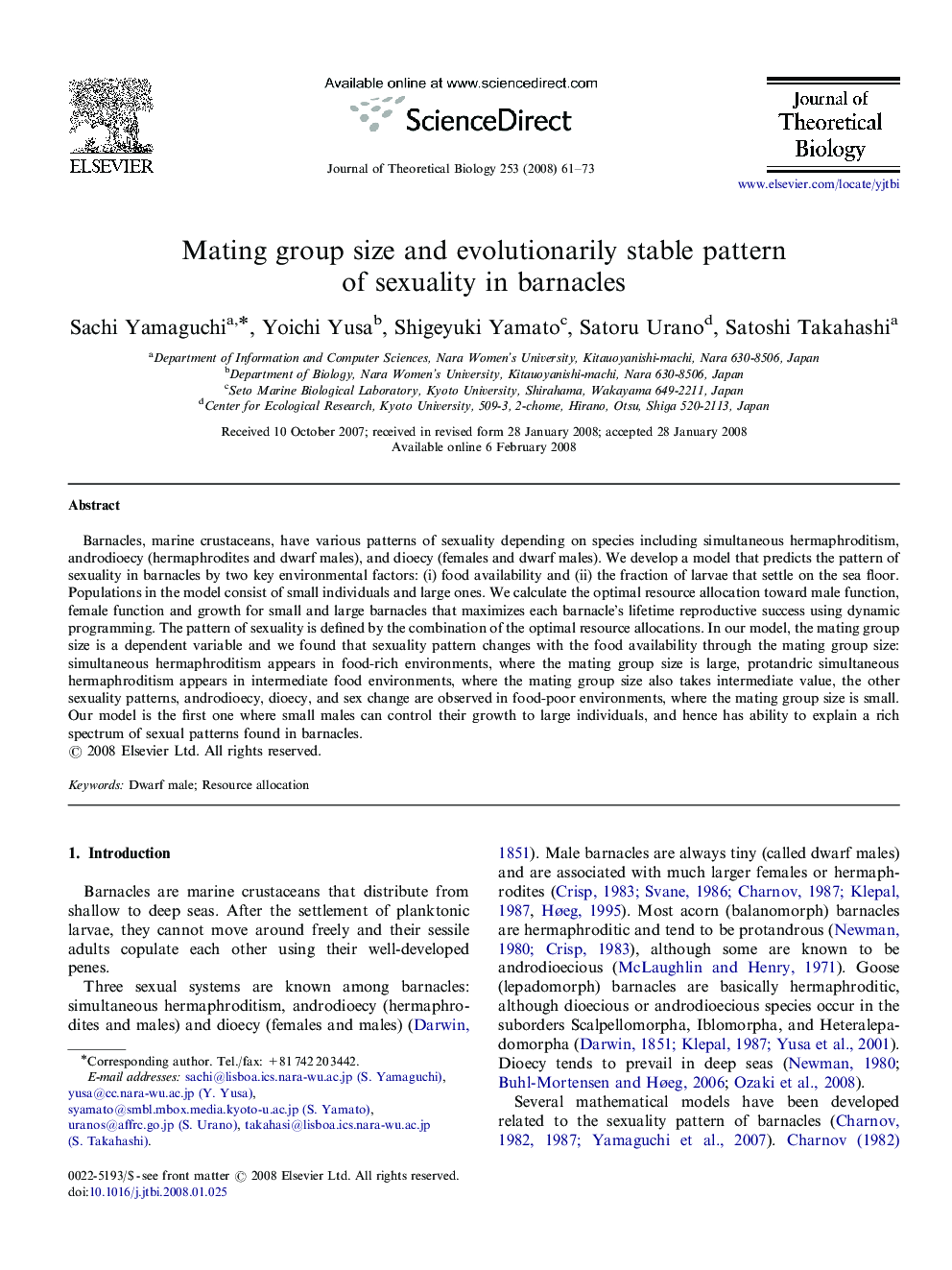 Mating group size and evolutionarily stable pattern of sexuality in barnacles