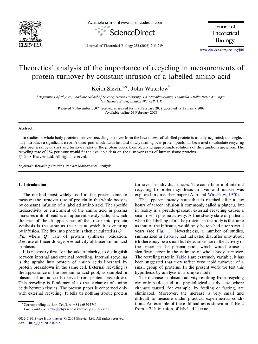 Theoretical analysis of the importance of recycling in measurements of protein turnover by constant infusion of a labelled amino acid
