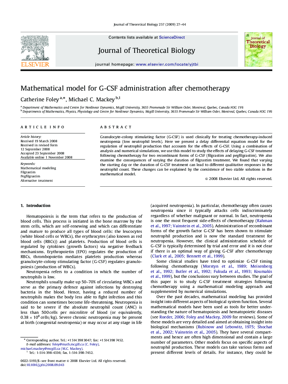 Mathematical model for G-CSF administration after chemotherapy