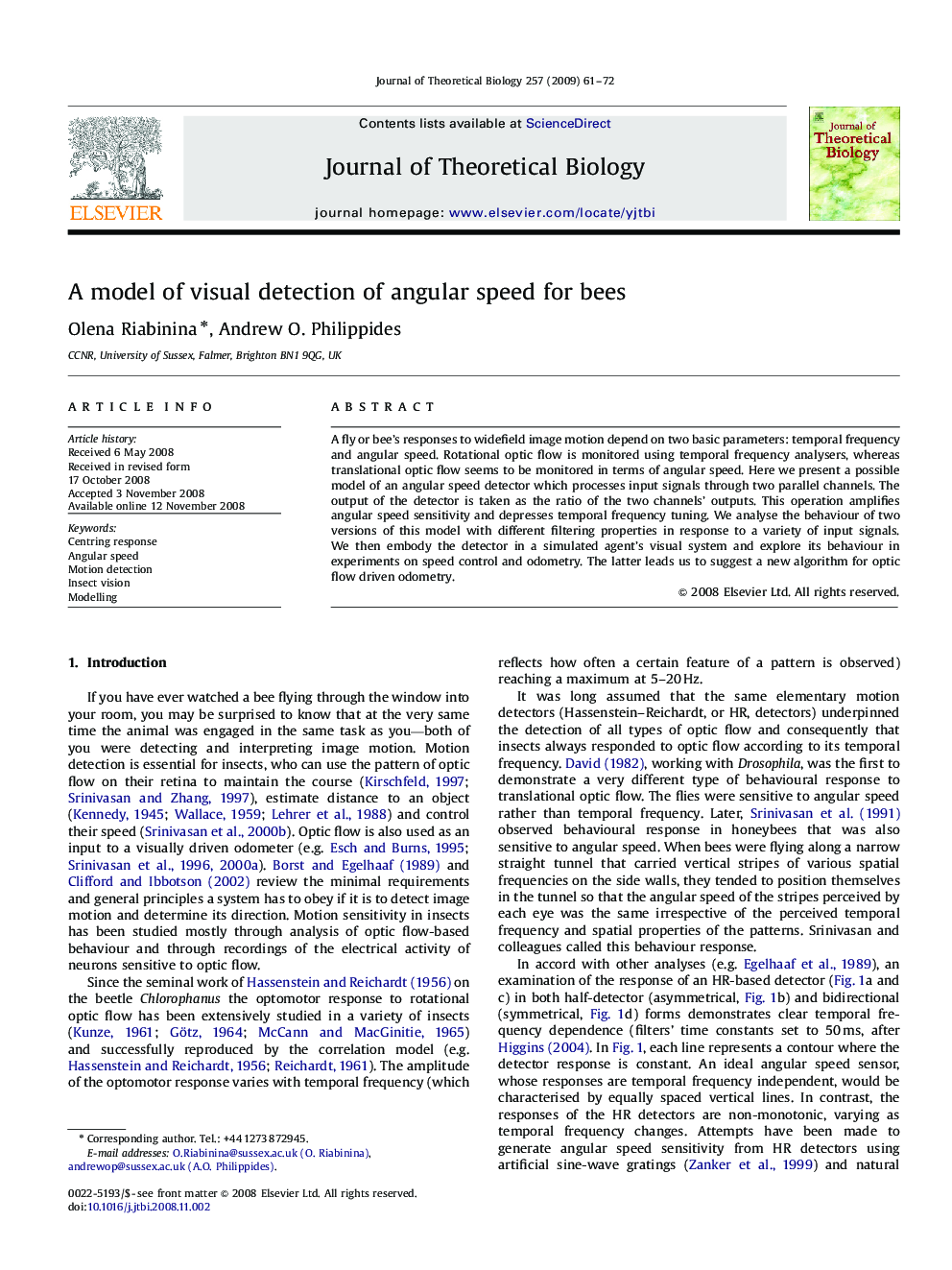 A model of visual detection of angular speed for bees