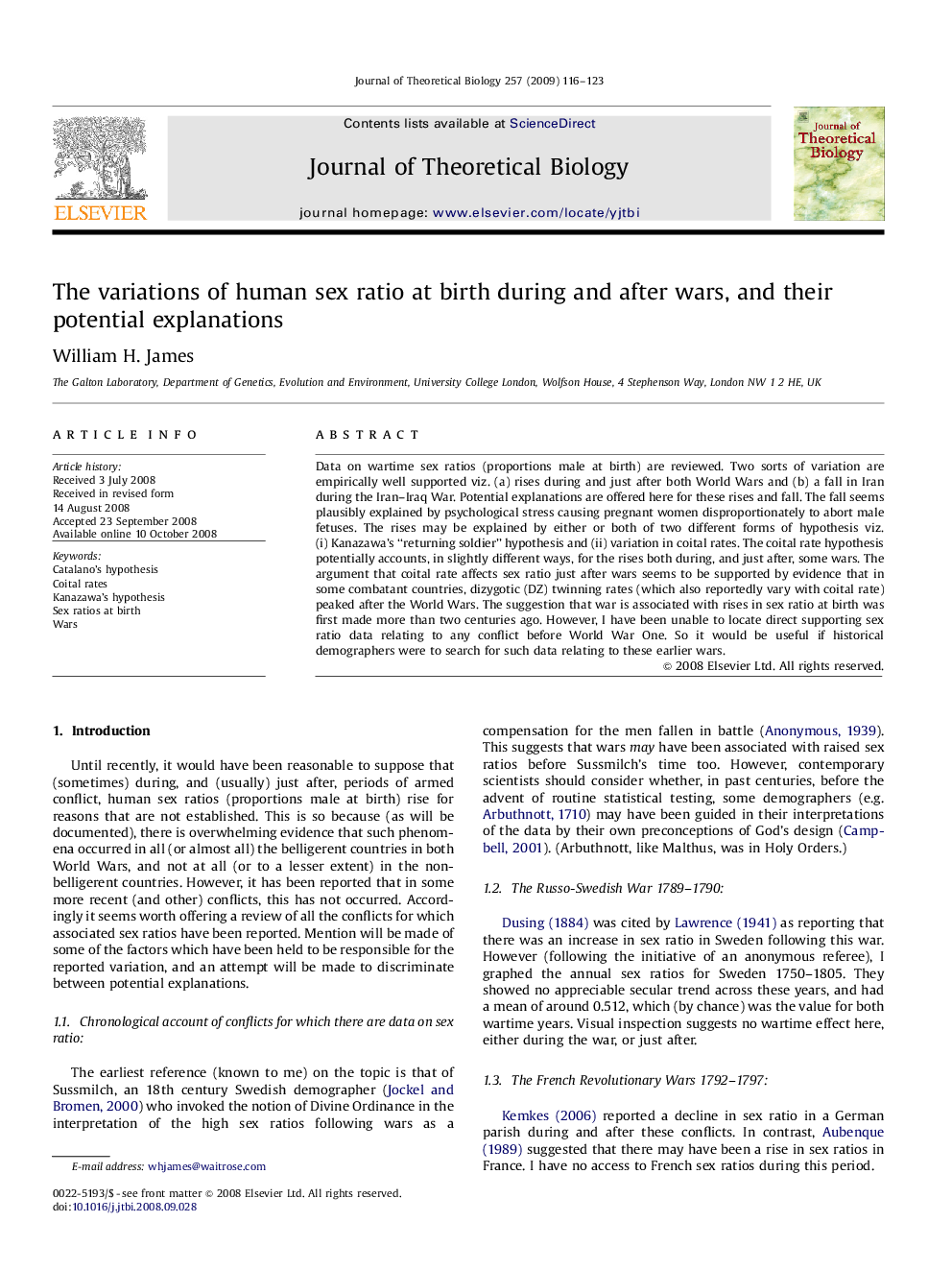 The variations of human sex ratio at birth during and after wars, and their potential explanations