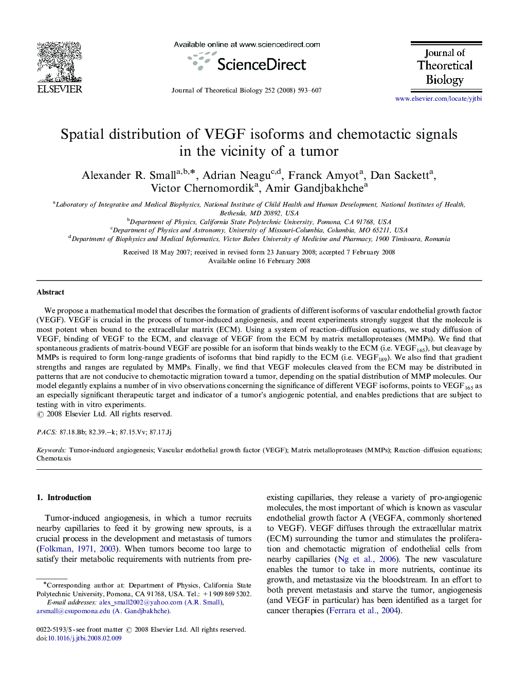 Spatial distribution of VEGF isoforms and chemotactic signals in the vicinity of a tumor