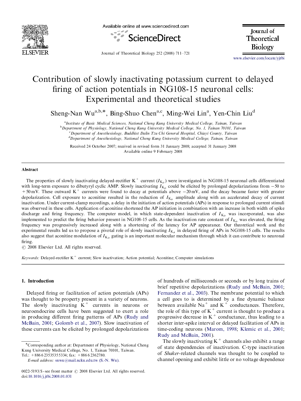 Contribution of slowly inactivating potassium current to delayed firing of action potentials in NG108-15 neuronal cells: Experimental and theoretical studies