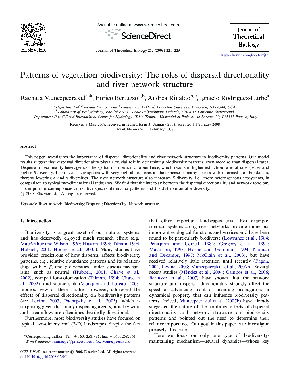 Patterns of vegetation biodiversity: The roles of dispersal directionality and river network structure