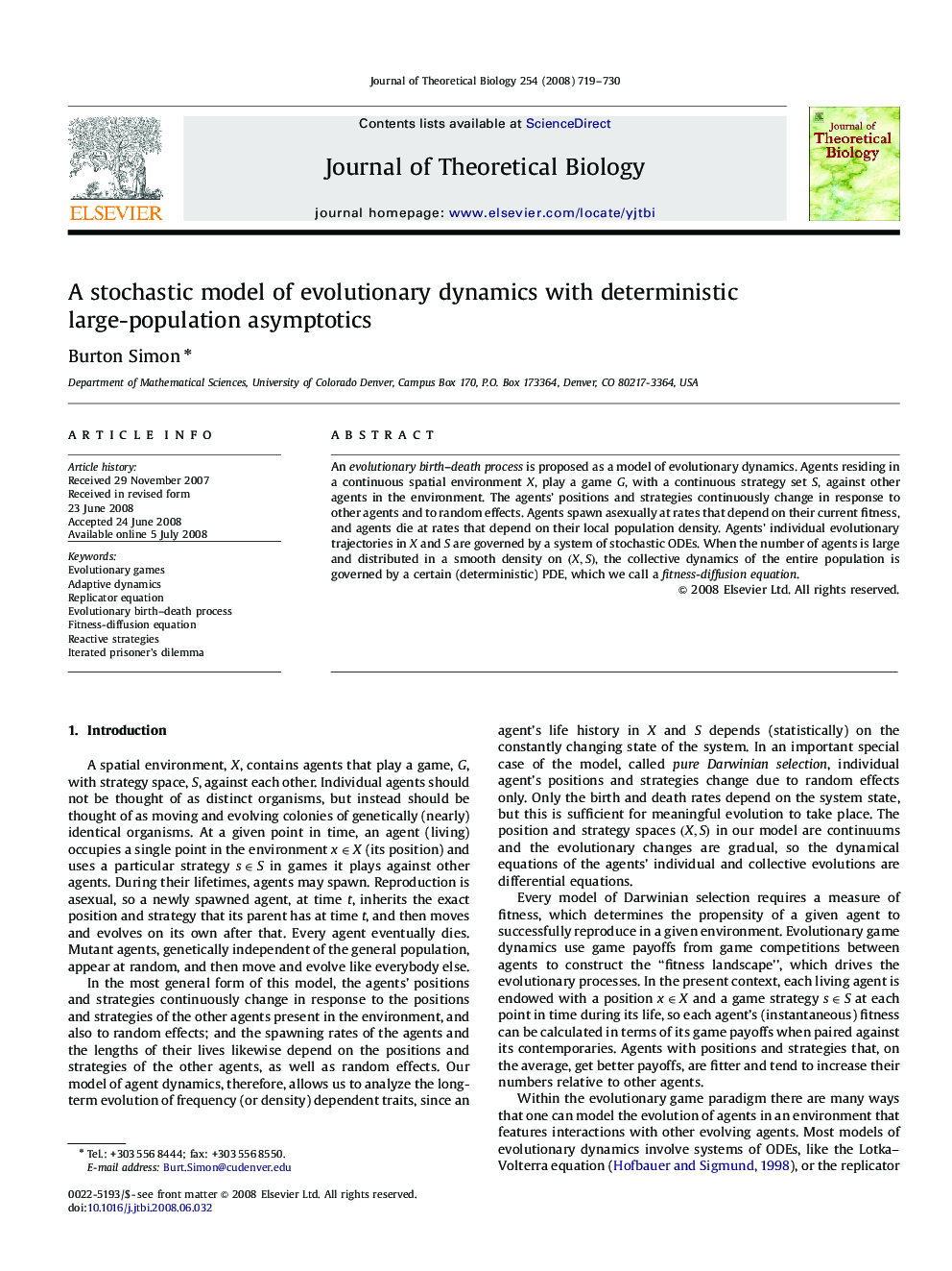 A stochastic model of evolutionary dynamics with deterministic large-population asymptotics