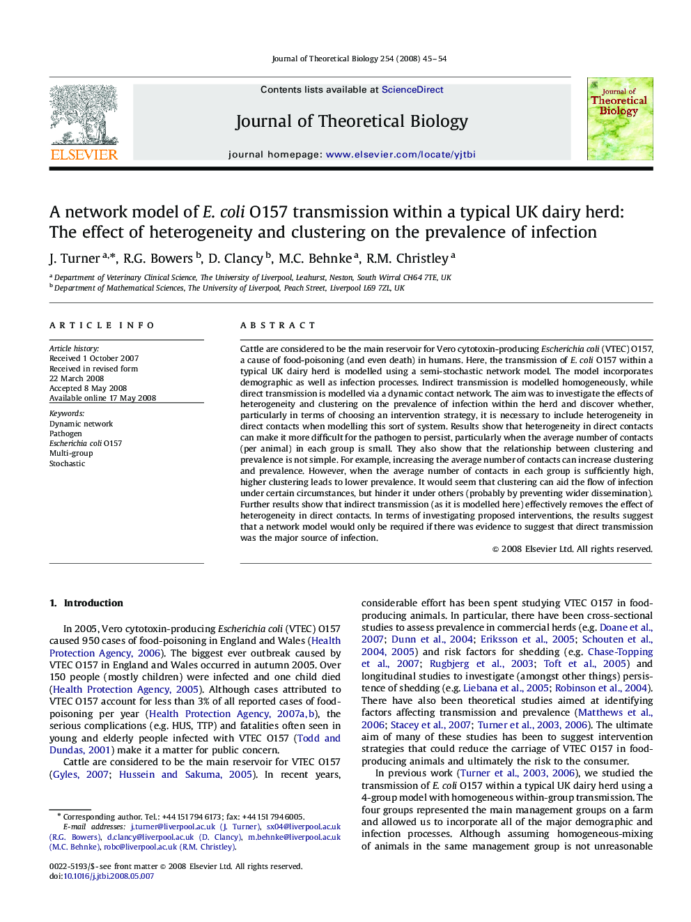 A network model of E. coli O157 transmission within a typical UK dairy herd: The effect of heterogeneity and clustering on the prevalence of infection