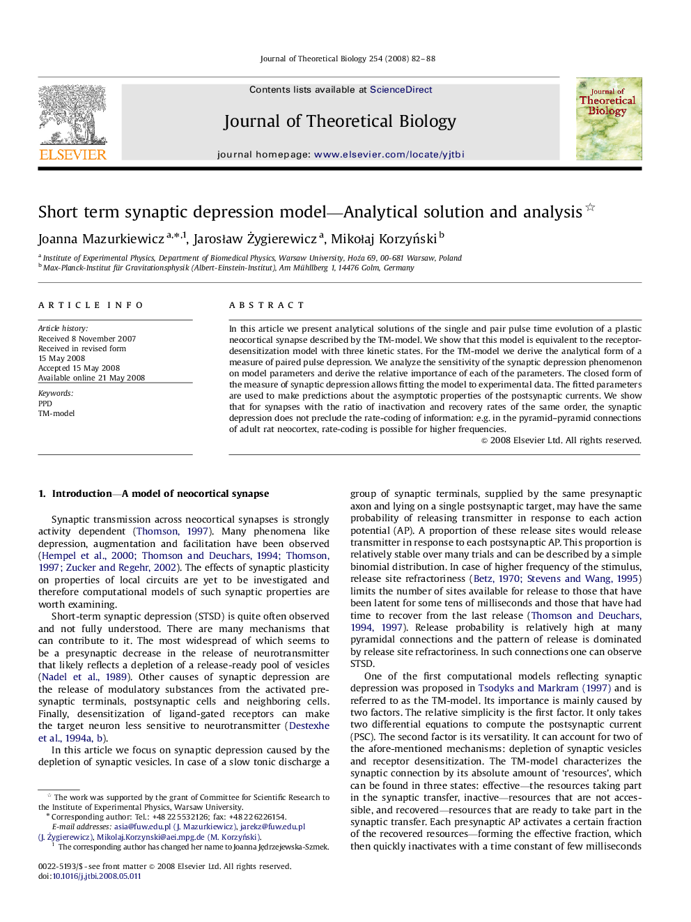 Short term synaptic depression model—Analytical solution and analysis 