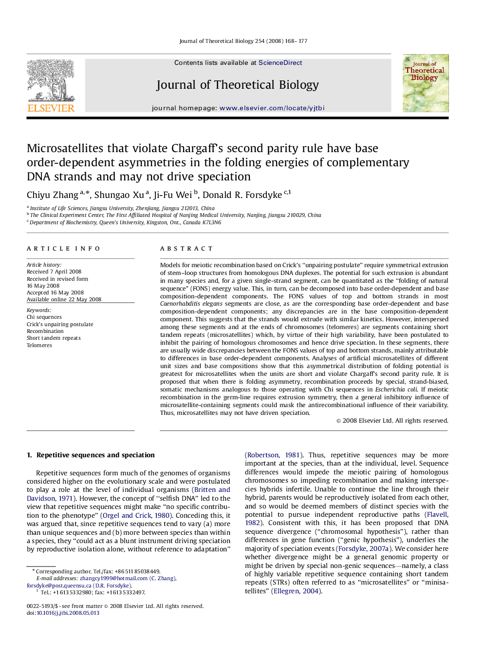 Microsatellites that violate Chargaff's second parity rule have base order-dependent asymmetries in the folding energies of complementary DNA strands and may not drive speciation