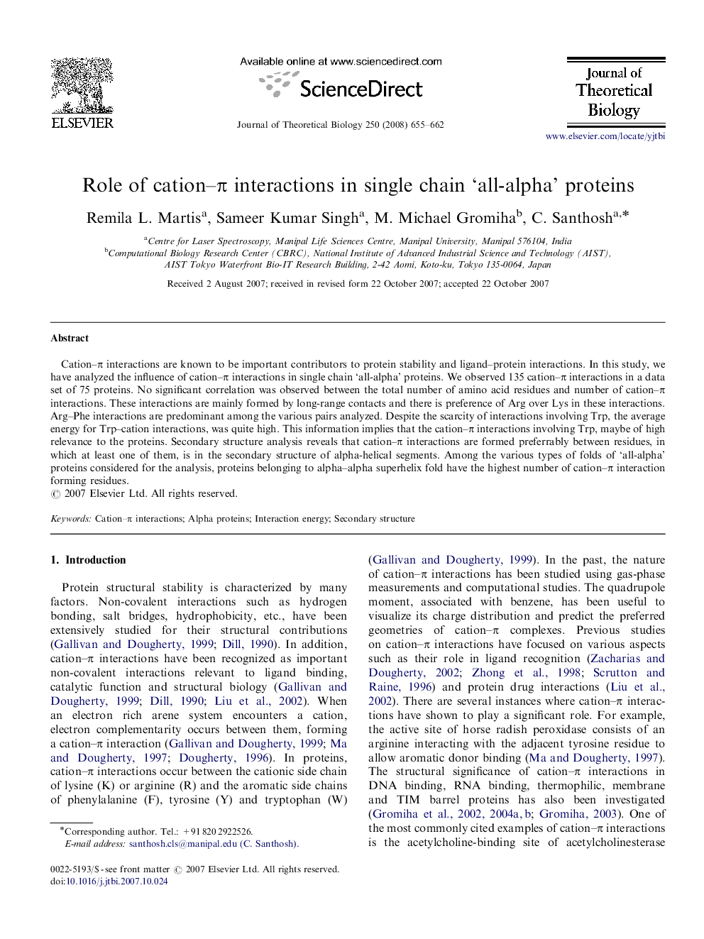 Role of cation–π interactions in single chain ‘all-alpha’ proteins