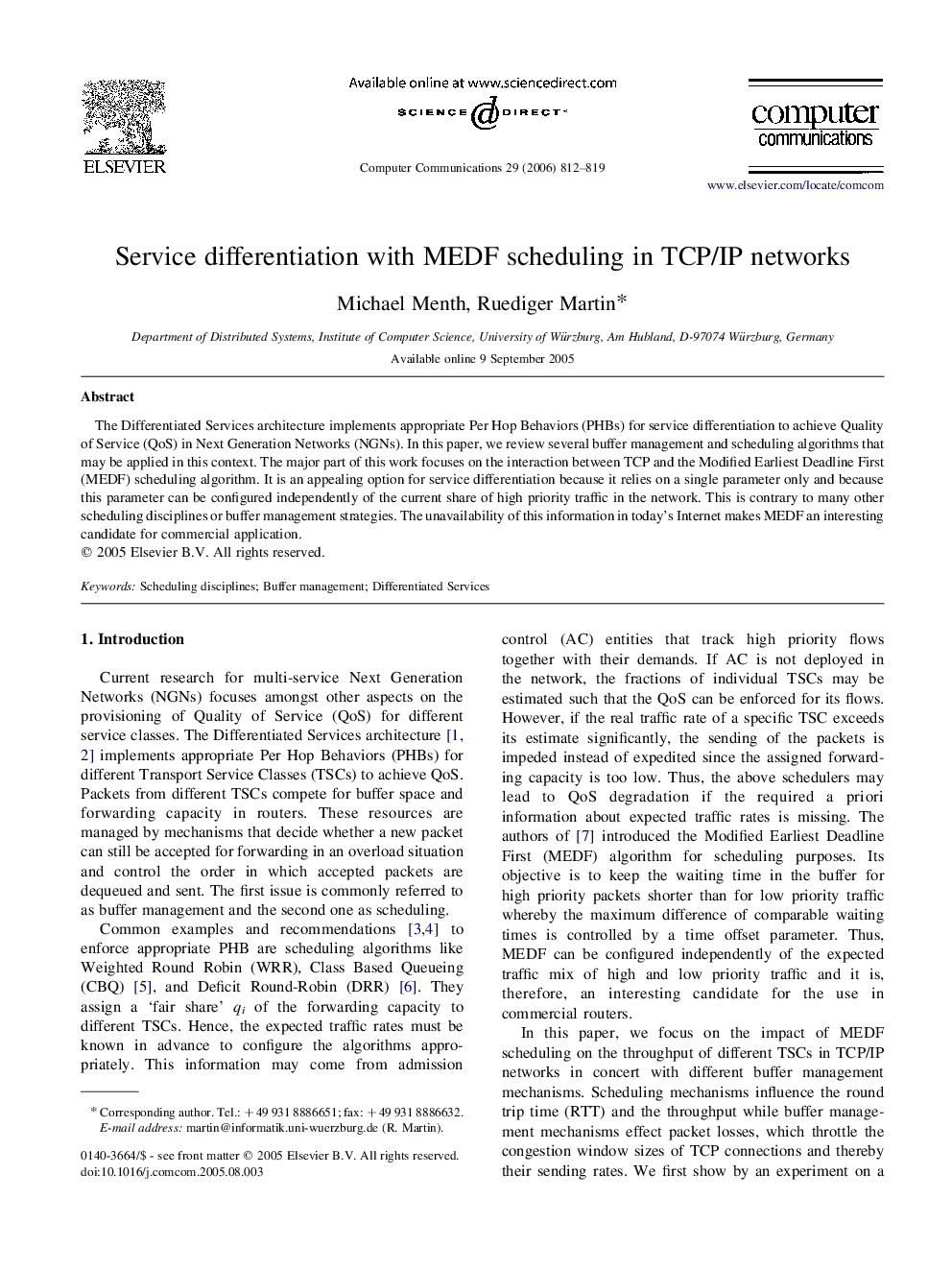 عکس صفحه اول مقاله: Service differentiation with MEDF scheduling in TCP/IP networks Service differentiation with MEDF scheduling in TCP/IP networks