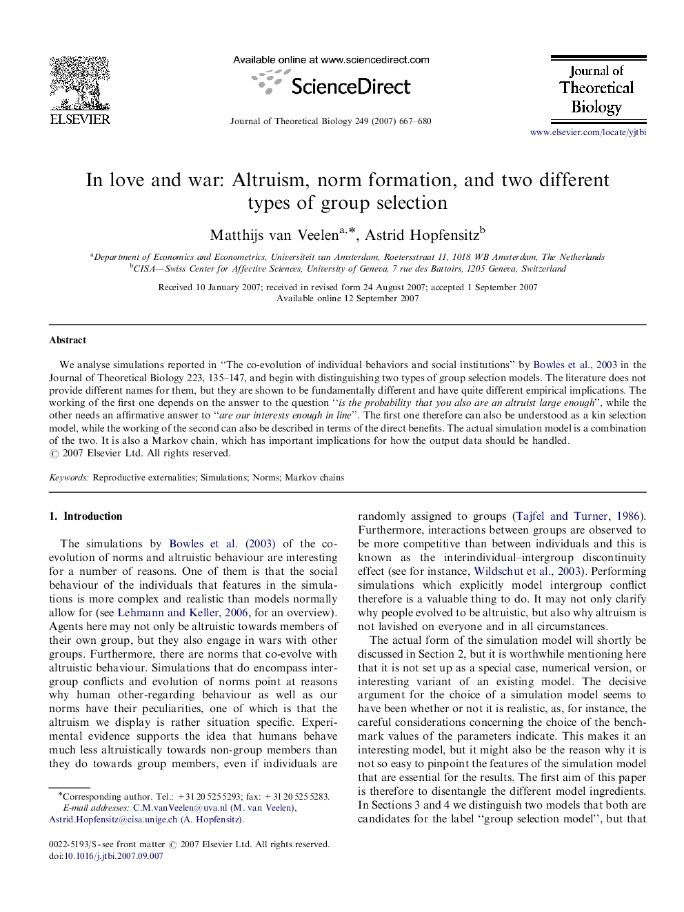 In love and war: Altruism, norm formation, and two different types of group selection