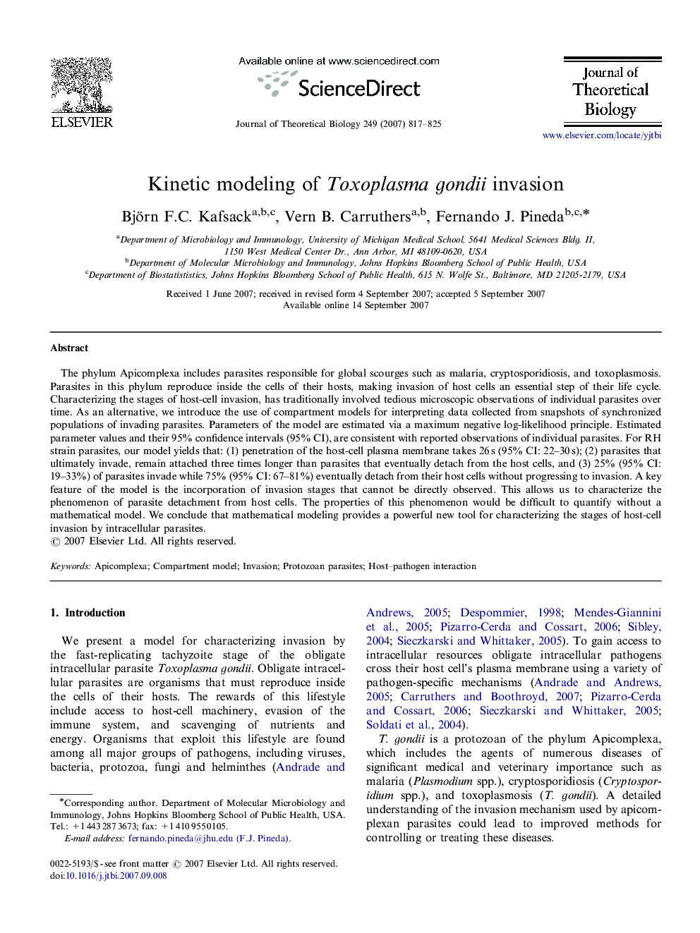 Kinetic modeling of Toxoplasma gondii invasion